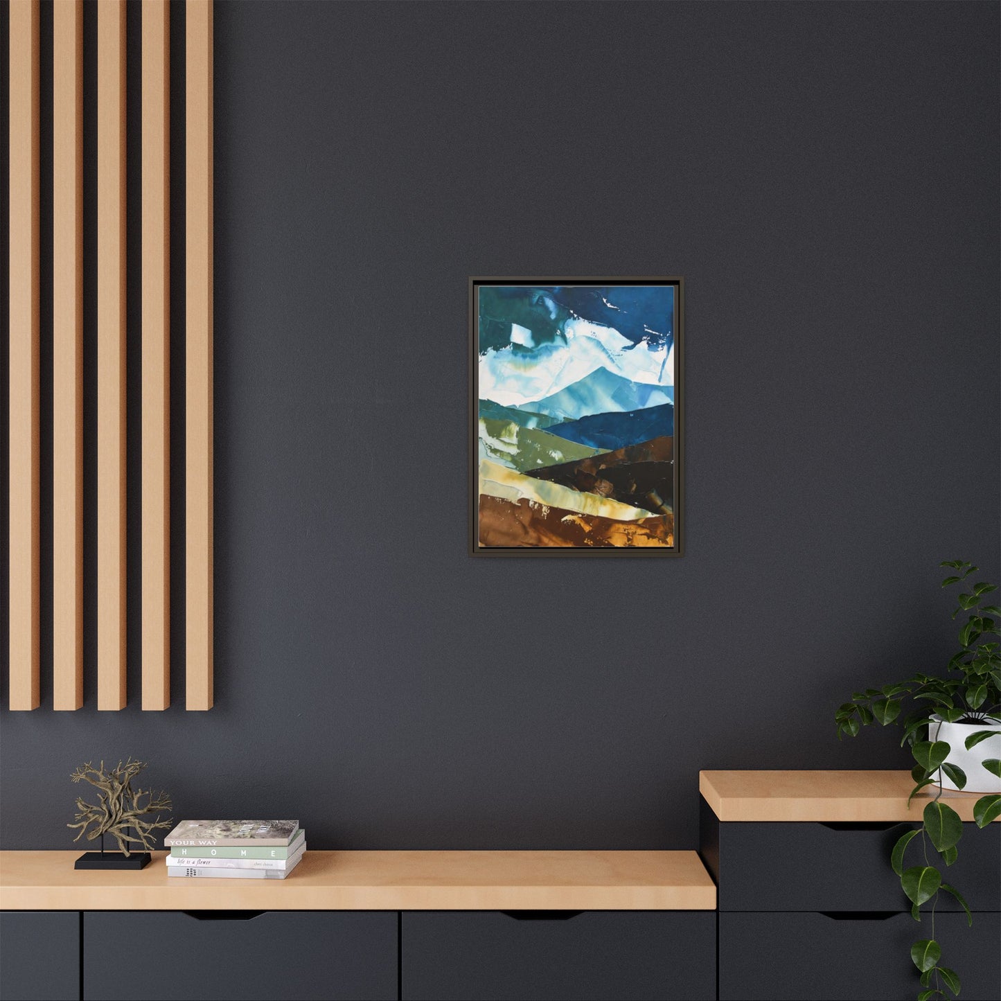 Framed Abstract Mountain Canvas Art — Blue & Earthtone Landscape Print