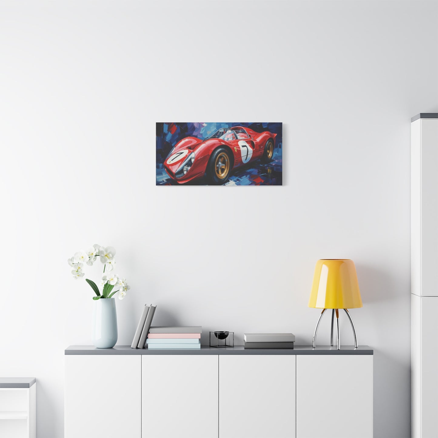 Vintage Ferrari Racing Car Canvas Print — Red Classic Sports Car Artwork (Matte Stretched)