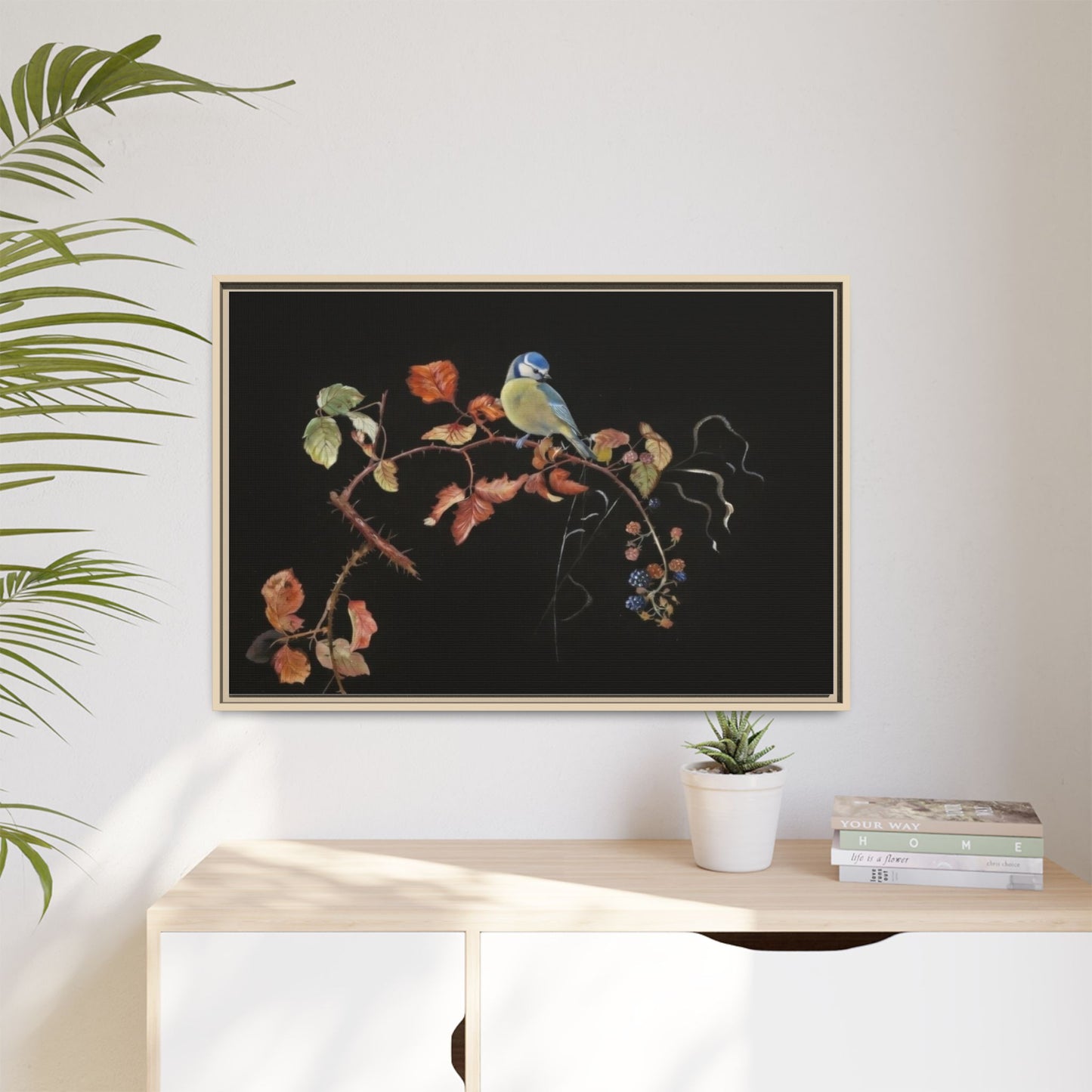 Framed Matte Canvas - Blue Tit on Autumn Branch Wall Art