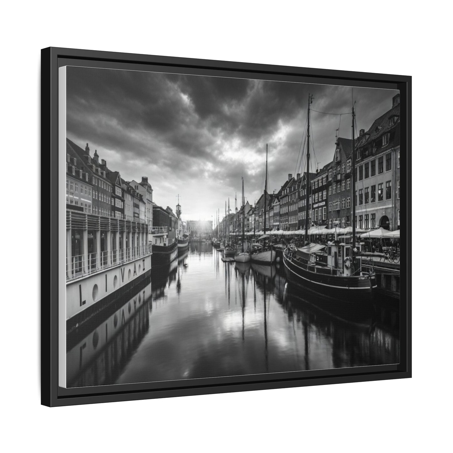 Framed Matte Canvas: Black & White Dutch Canal Photography Wall Art