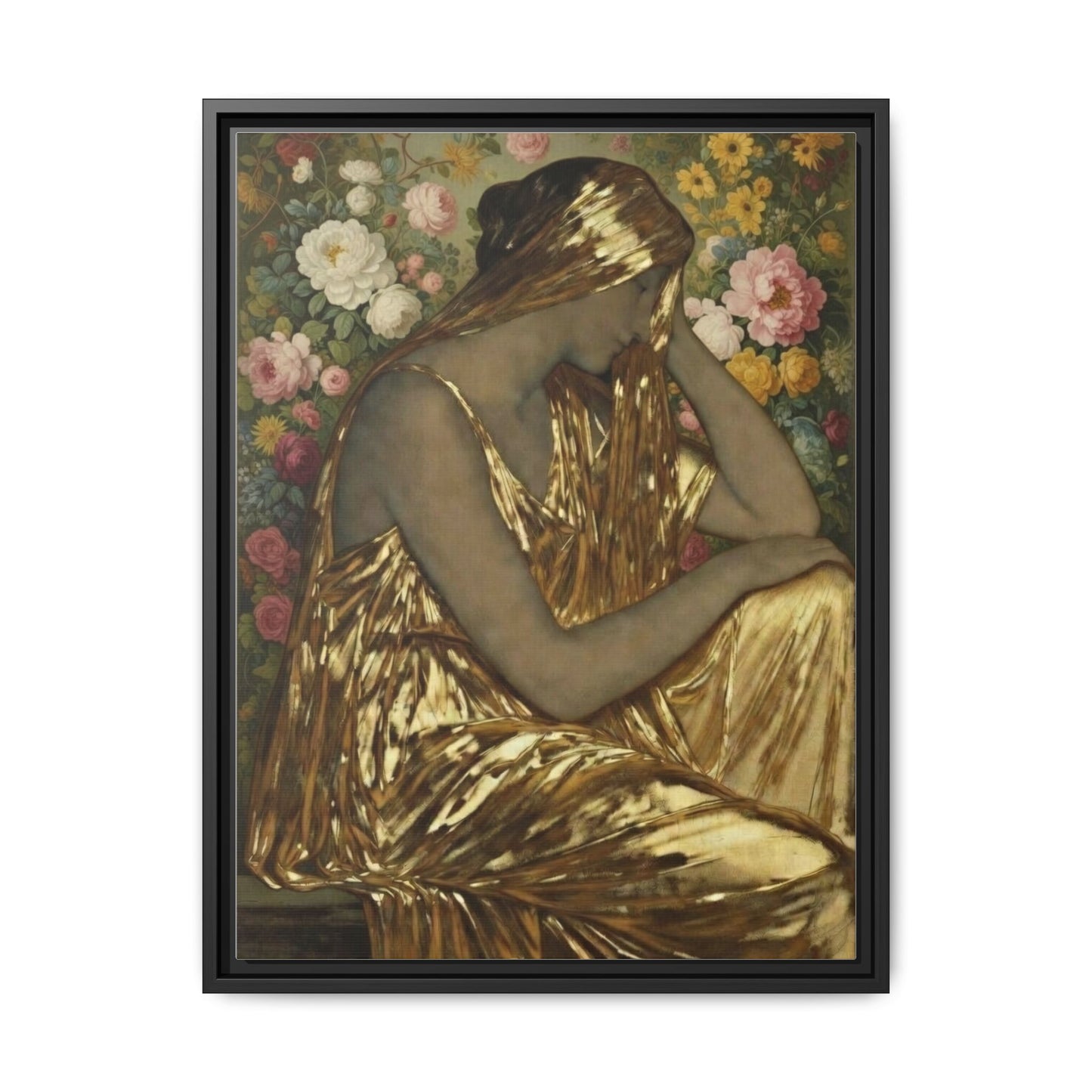 Framed Canvas Art Print — Golden Muse Woman with Floral Background