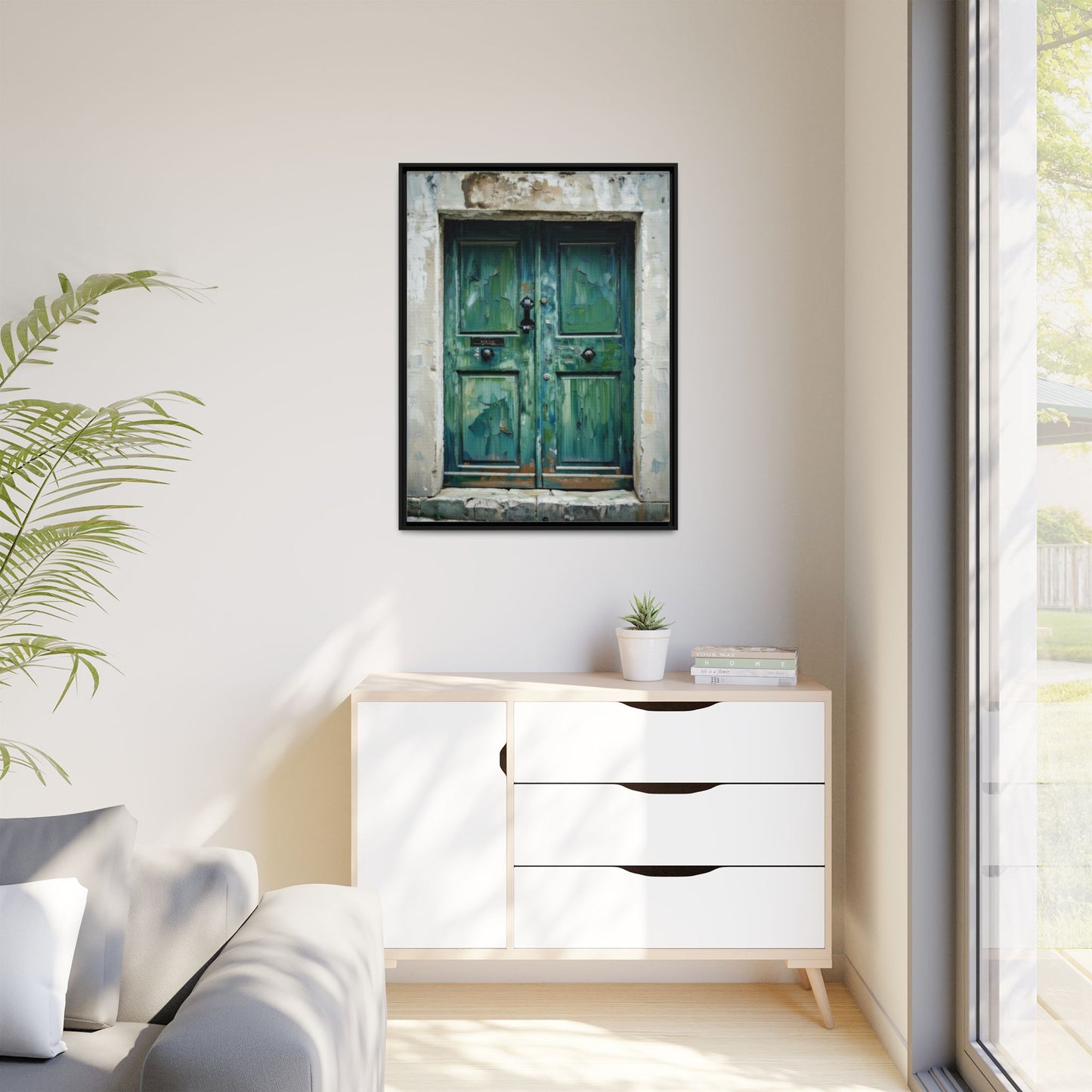 Framed Matte Canvas Art — Weathered Green Door Wall Print