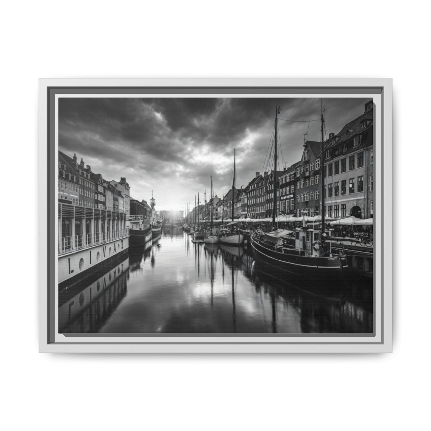 Framed Matte Canvas: Black & White Dutch Canal Photography Wall Art