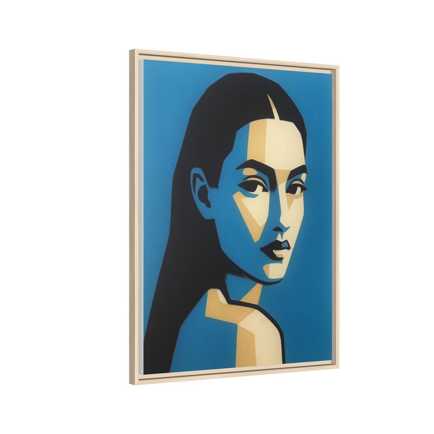 Framed Pop Art Portrait Canvas — Blue Geometric Woman Print