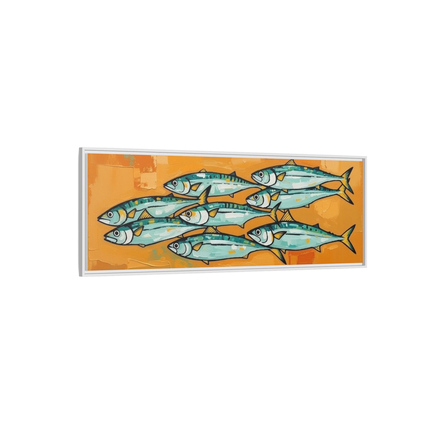 Framed Matte Canvas Print — School of Blue Fish on Orange Abstract Background