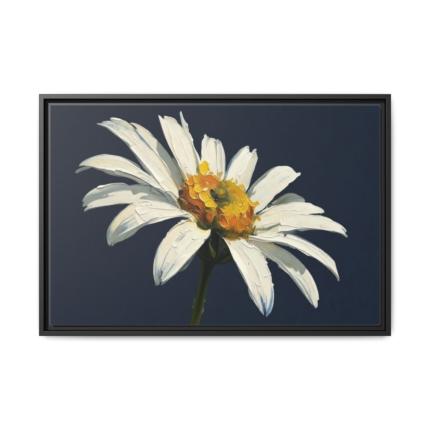 Framed Matte Canvas Daisy Wall Art — White Floral Painting on Navy
