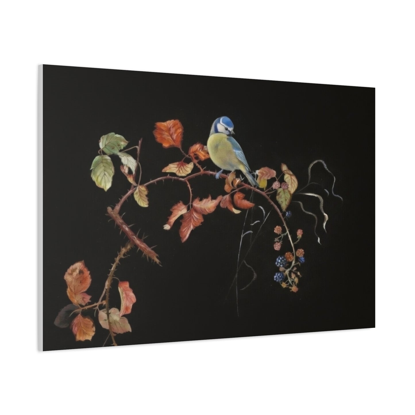 Canvas Wall Art - Blue Tit on Autumn Branch, Stretched Matte Canvas