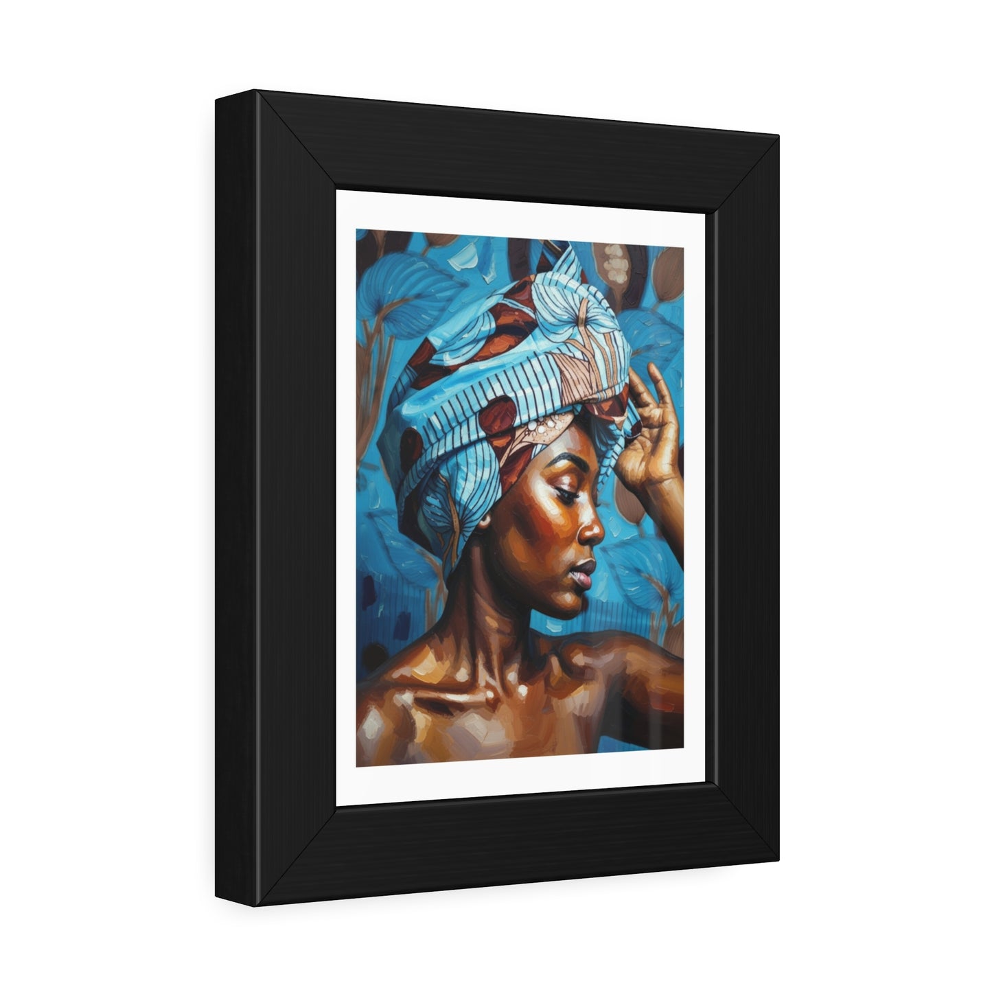 Framed Art Print — Portrait of Woman with Blue Headwrap (Gallery Wall Decor)