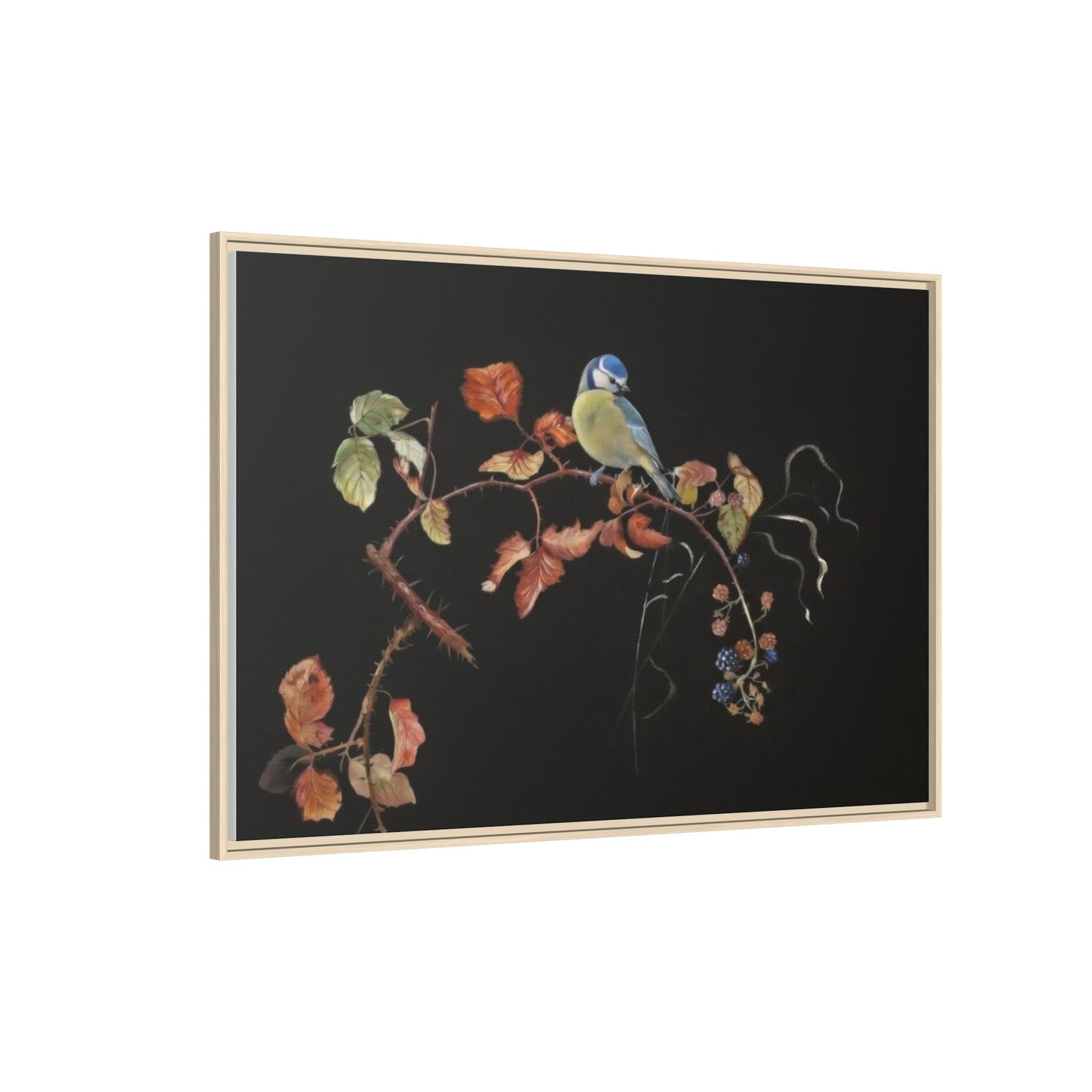 Framed Matte Canvas - Blue Tit on Autumn Branch Wall Art