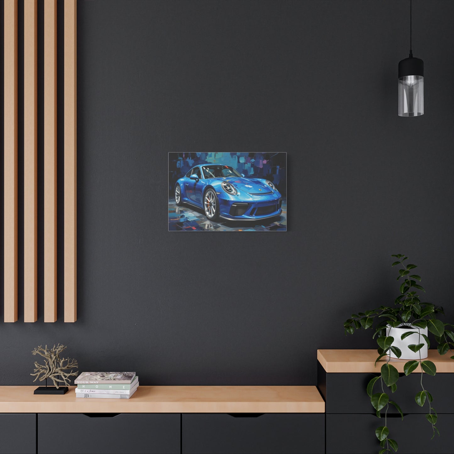 Blue Sports Car Canvas Wall Art — Modern Automotive Painting on Stretched Matte Canvas