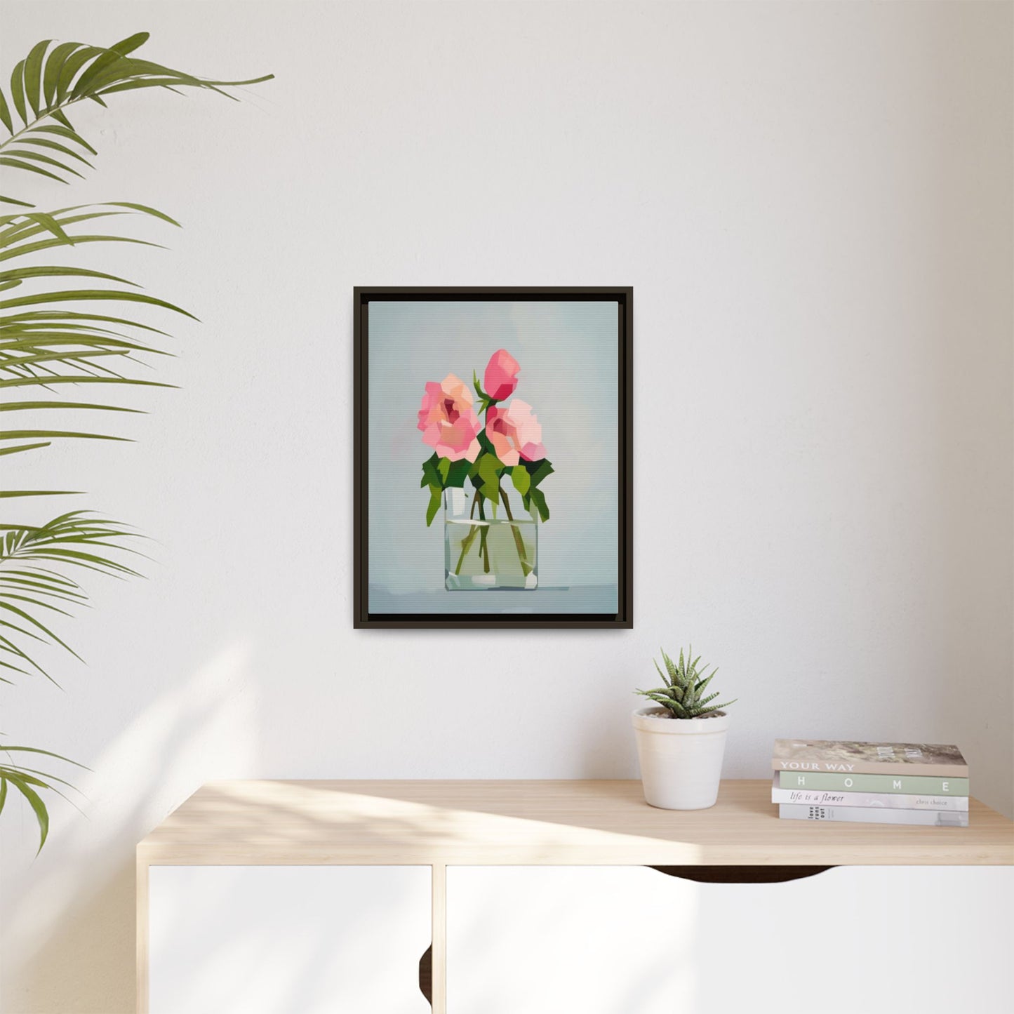 Framed Floral Canvas Print — Pink Roses in Glass Vase (Matte)