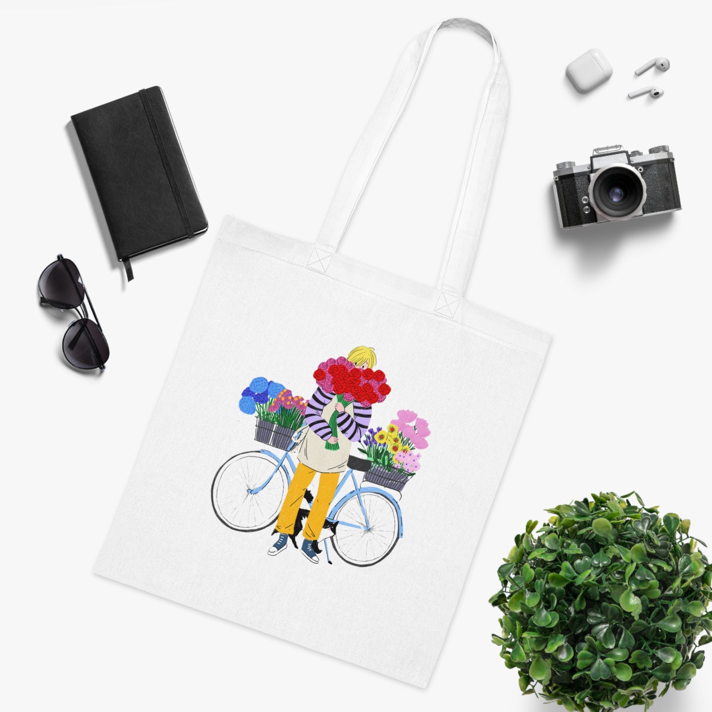 Floral Bike Tote Bag — Cotton Market Tote with Colorful Flower Bicycle Design