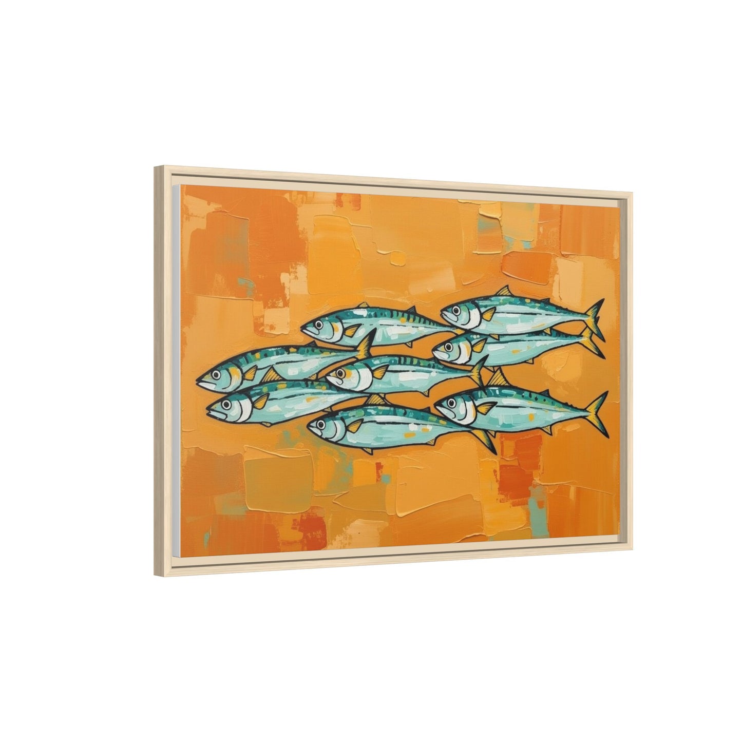 Framed Matte Canvas Print — School of Blue Fish on Orange Abstract Background