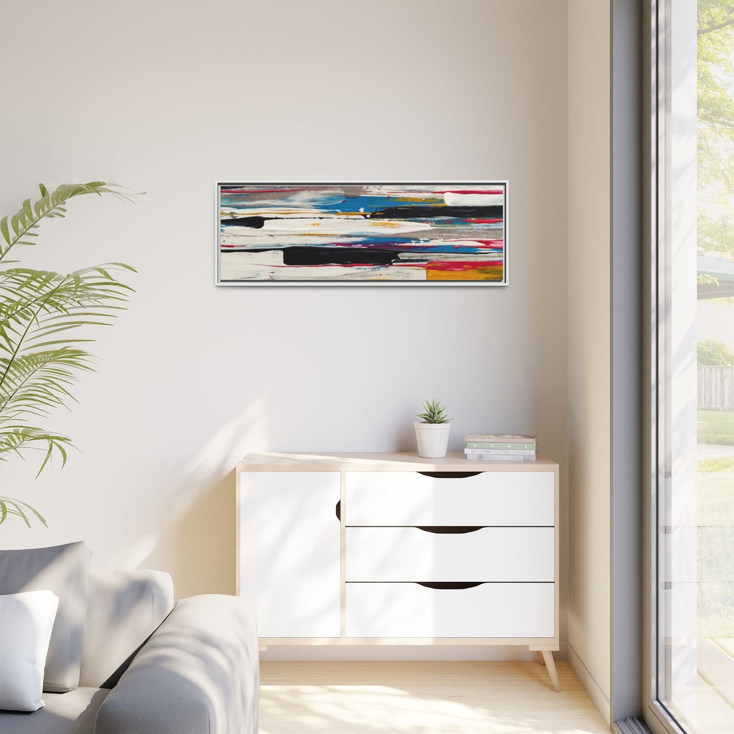 Abstract Multi-Color Framed Canvas Wall Art — Modern Horizontal Brushstroke Print