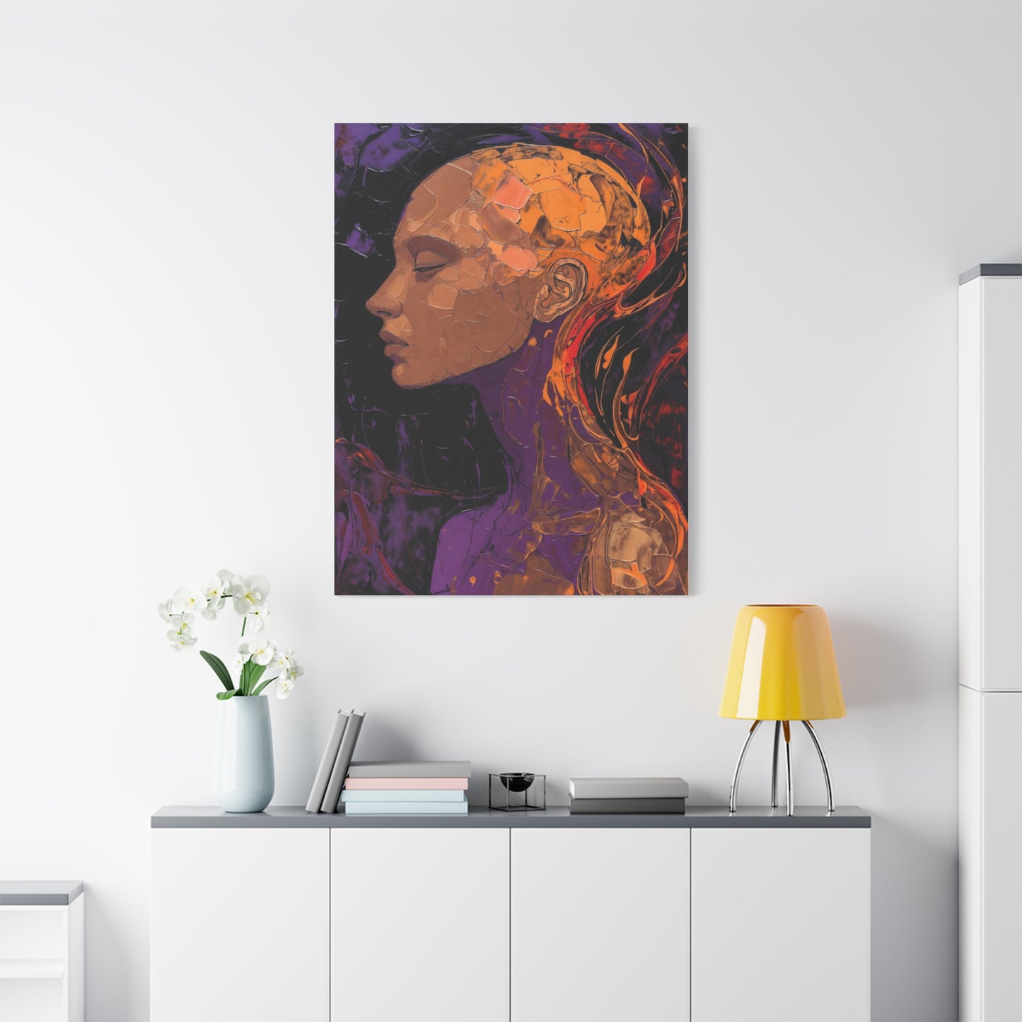 Abstract Portrait Canvas - Meditative Female Profile in Purple & Orange
