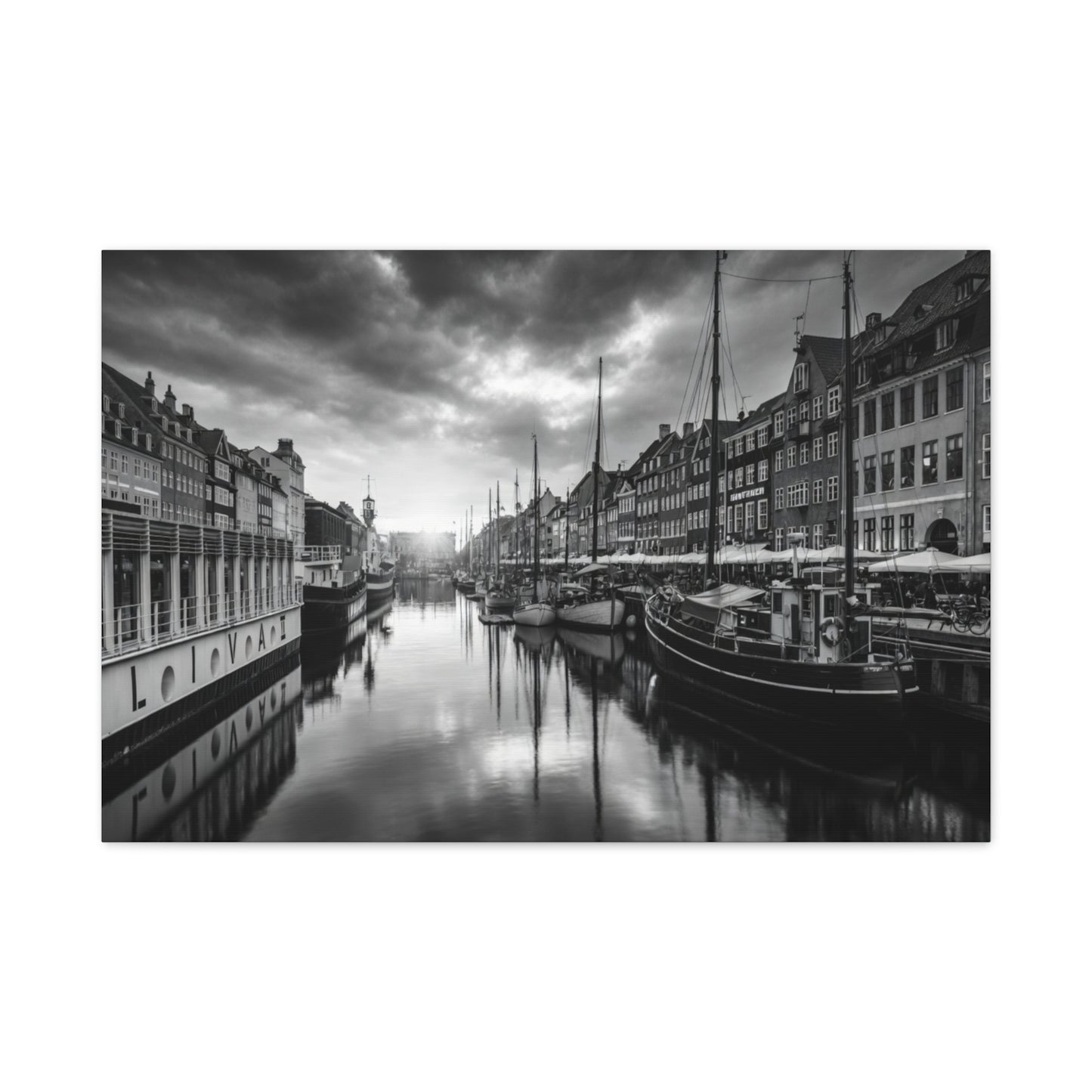 Black & White Harbor Canvas Print — Dramatic Copenhagen Cityscape Wall Art