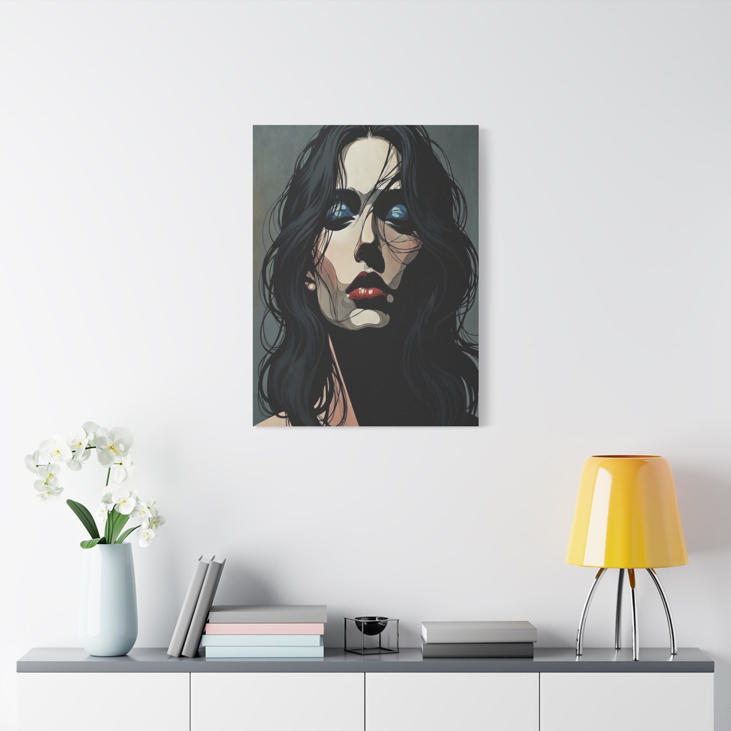 Dark Glam Portrait Canvas Art — Moody Woman Face Matte Stretched Wall Decor