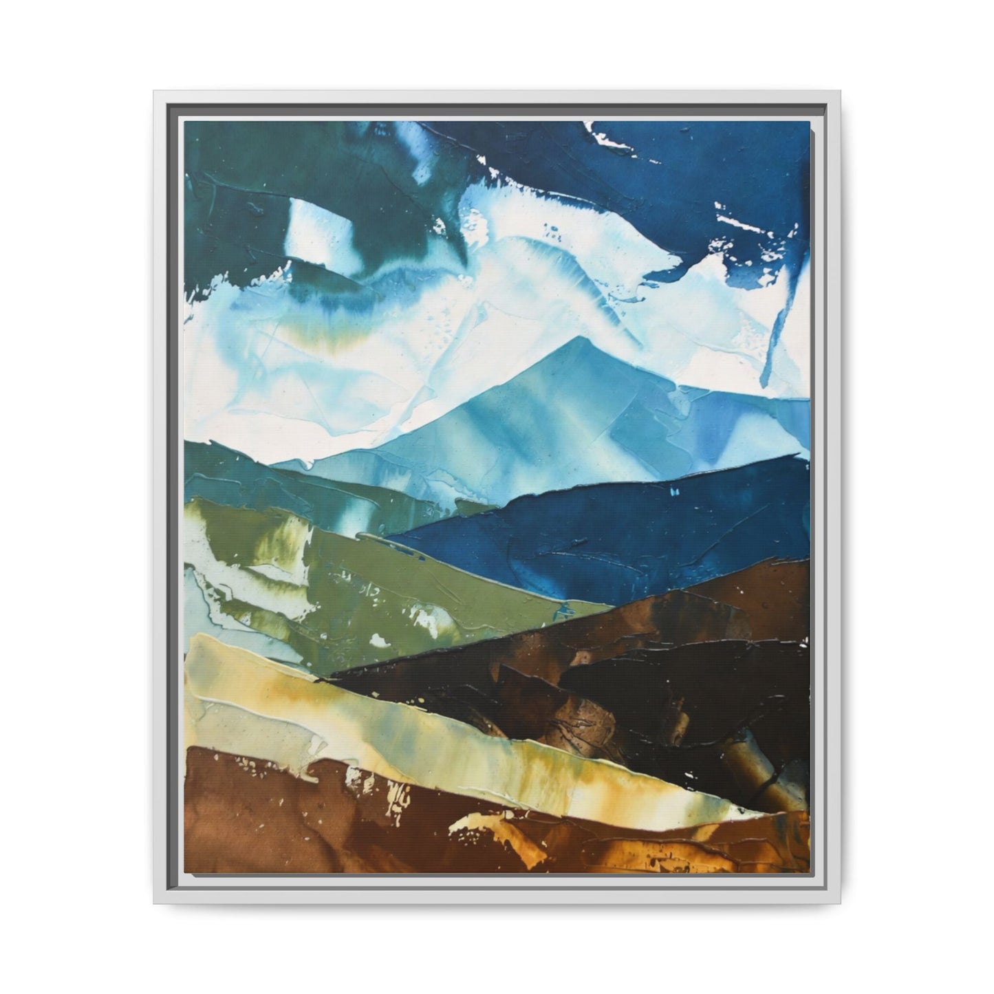 Framed Abstract Mountain Canvas Art — Blue & Earthtone Landscape Print