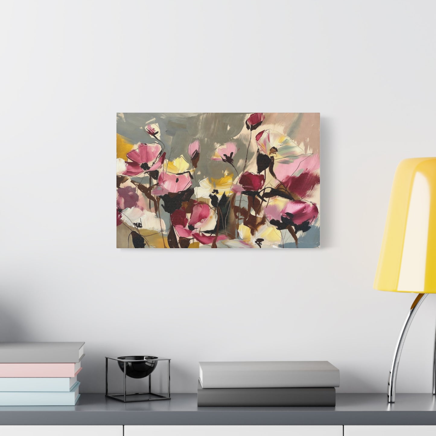 Floral Abstract Canvas Wall Art — Pink & Yellow Bloom Stretched Matte Print