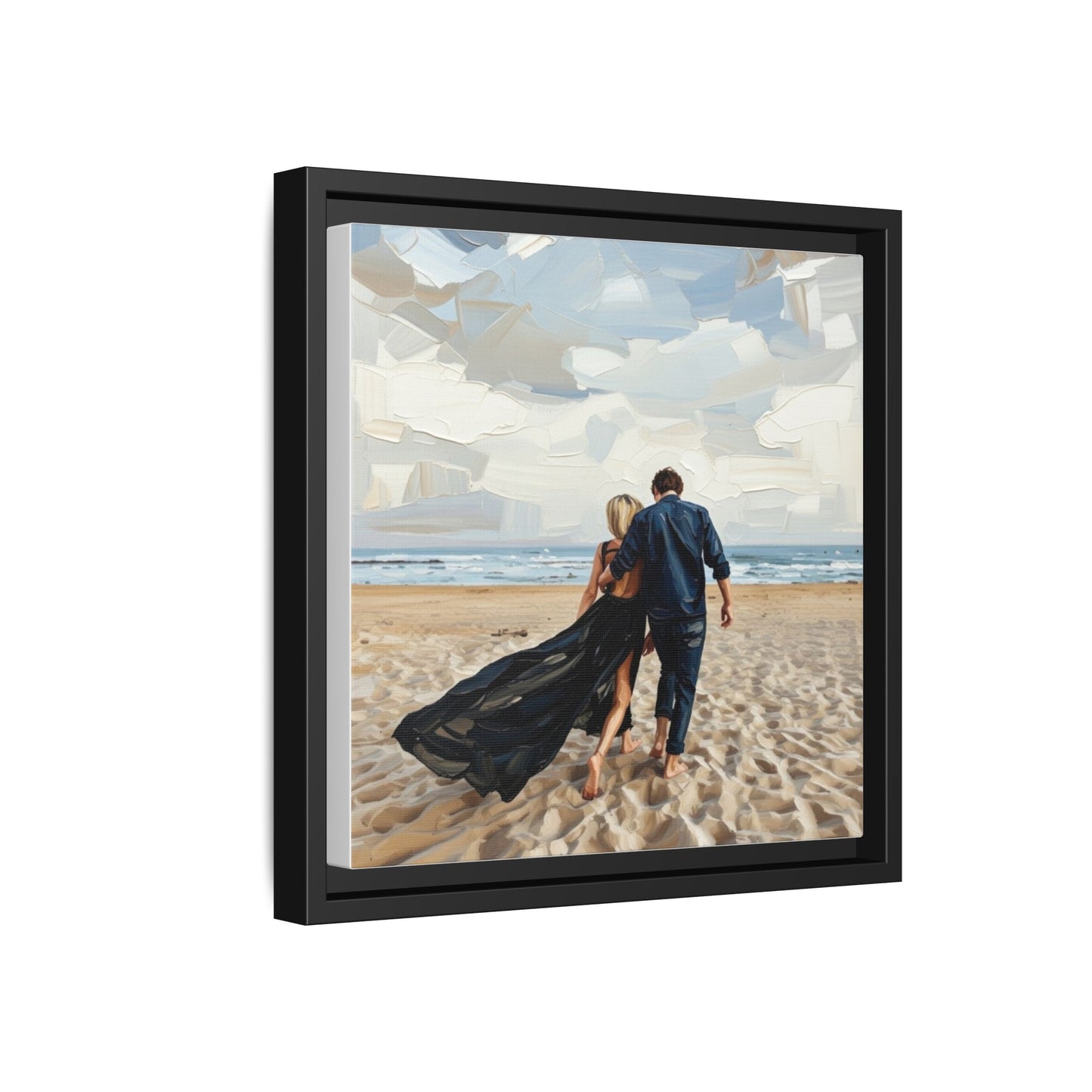 Framed Canvas Wall Art — Romantic Couple Walking on Beach Print