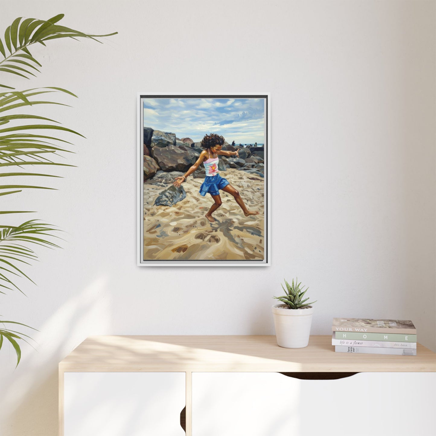 Framed Canvas Art - Girl Dancing on the Beach (Matte Multi-Color)