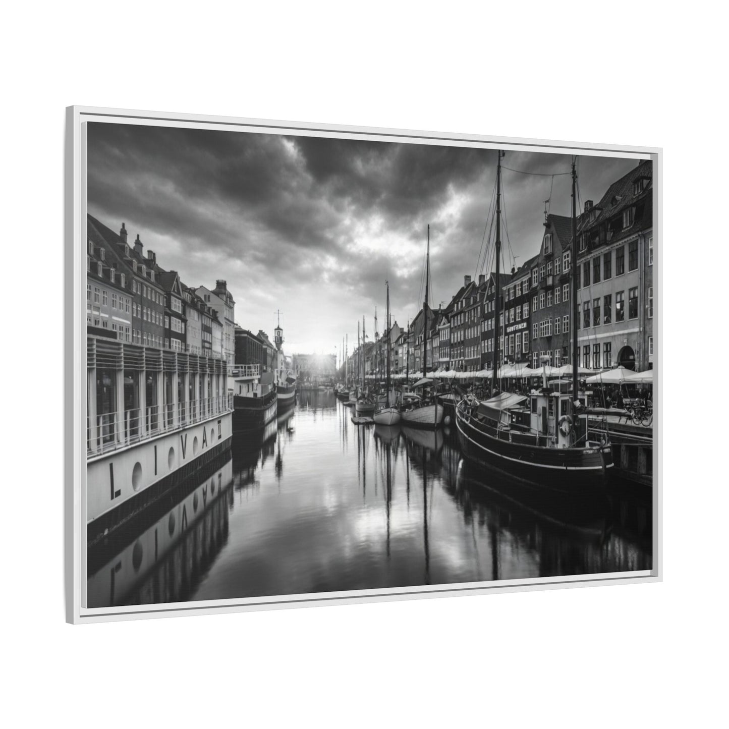 Framed Matte Canvas: Black & White Dutch Canal Photography Wall Art