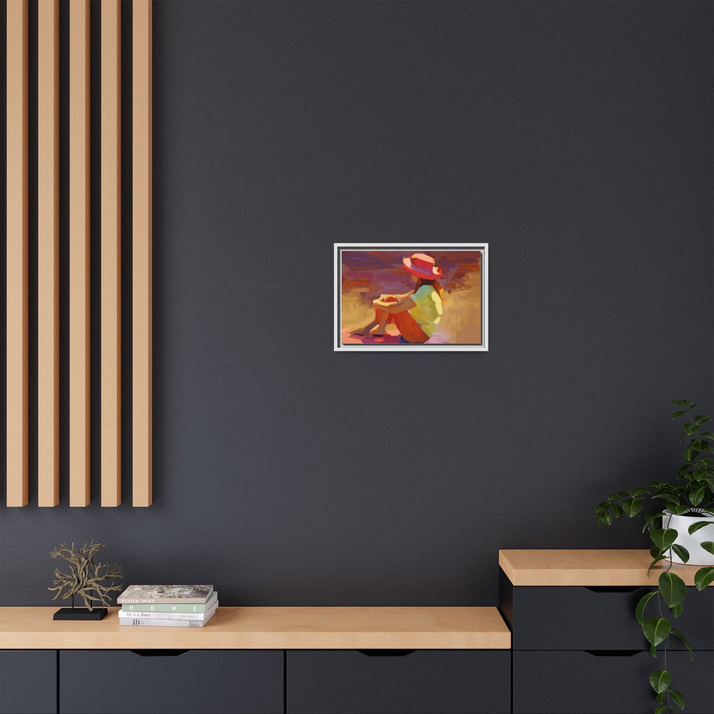 Framed Matte Canvas — Colorful Seated Girl Beach Art