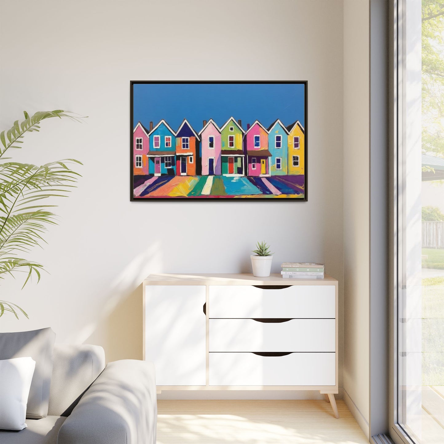 Colorful Beach Houses Matte Canvas Framed Wall Art