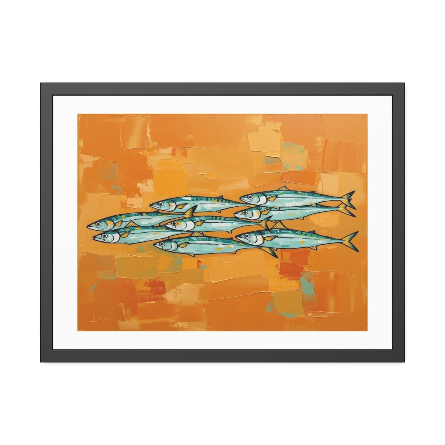 Framed Fish Art Print — School of Mackerel on Orange Abstract Background