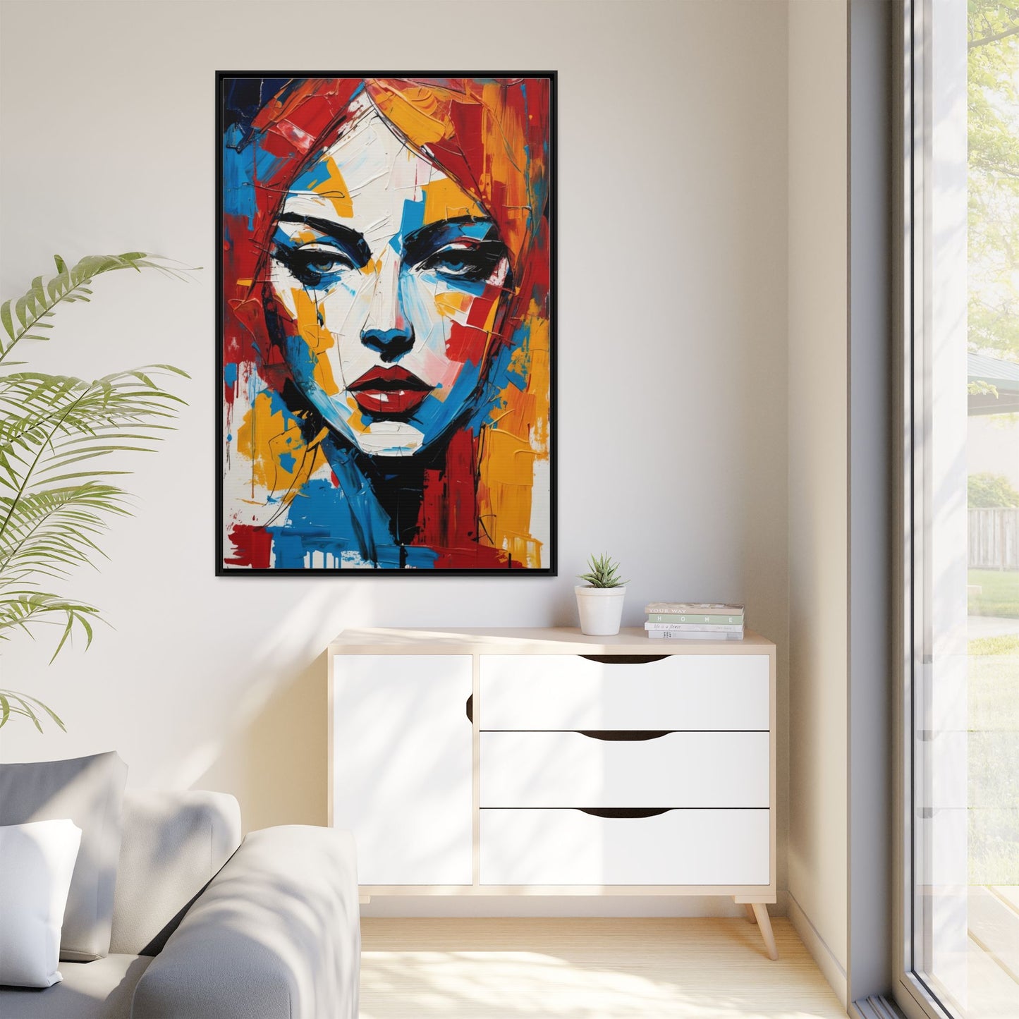 Framed Abstract Portrait Canvas — Colorful Female Face Wall Art
