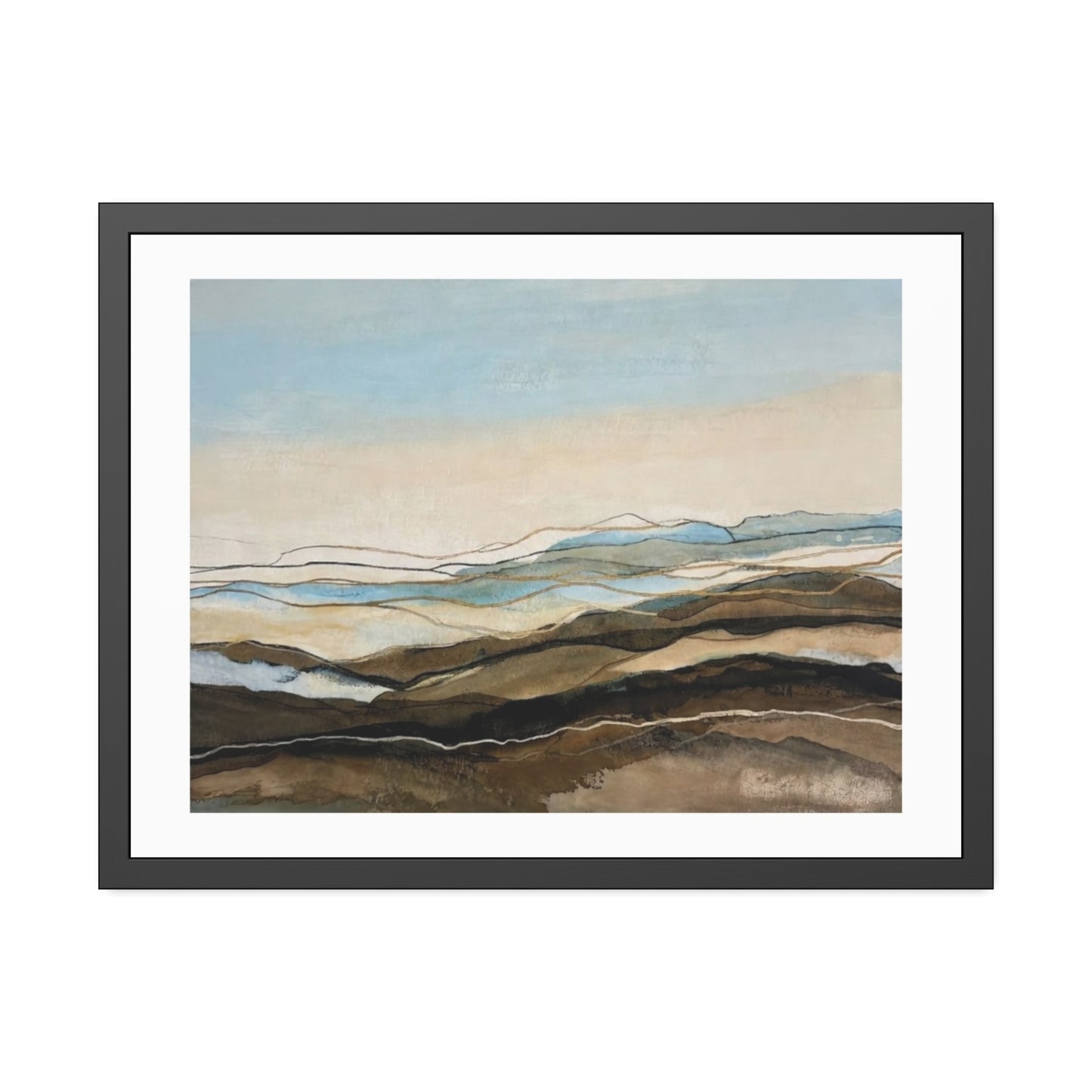 Coastal Abstract Landscape Framed Poster — Serene Blue & Earthtone Wall Art