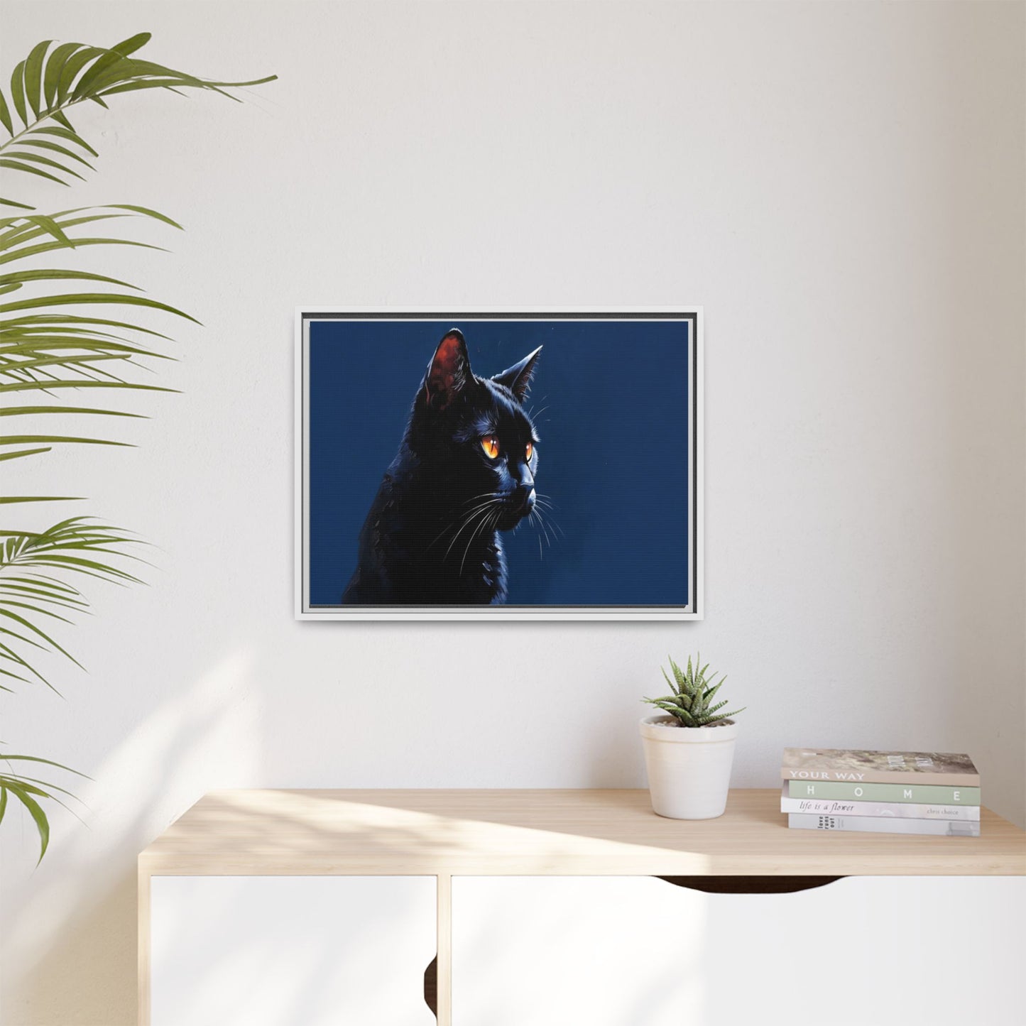 Black Cat Portrait Matte Canvas Framed Wall Art — Dramatic Feline Photo Print