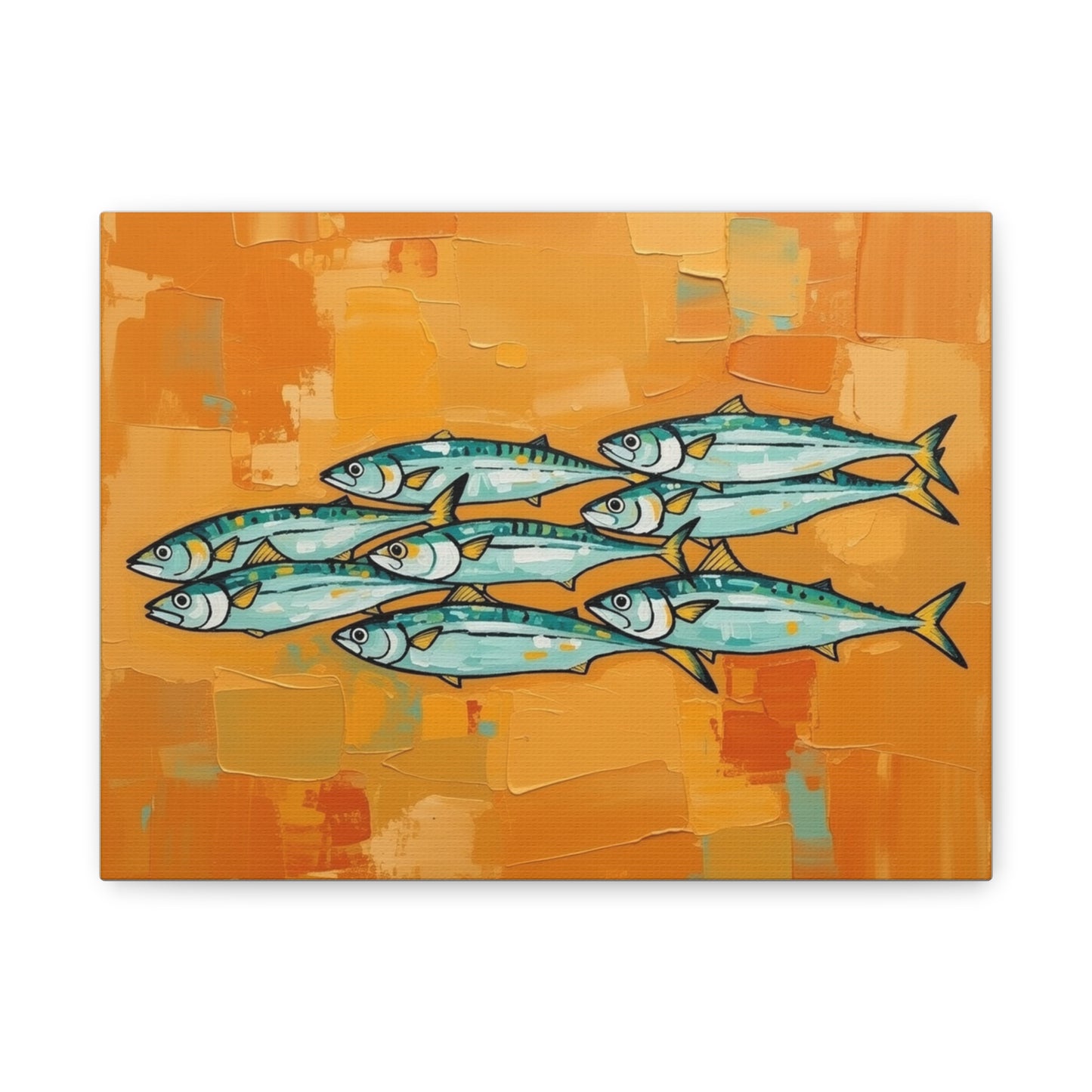 School of Mackerel Canvas Wall Art — Nautical Fish Painting on Orange Background