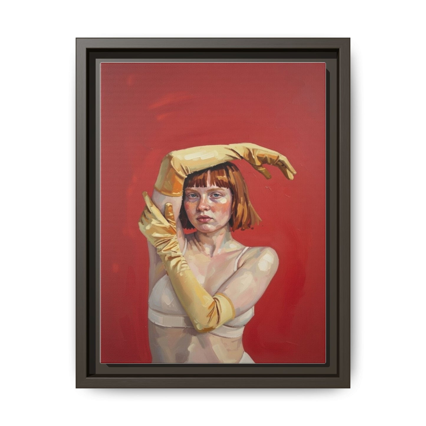 Framed Matte Canvas Art - Portrait of Woman in Yellow Gloves (Red Background)