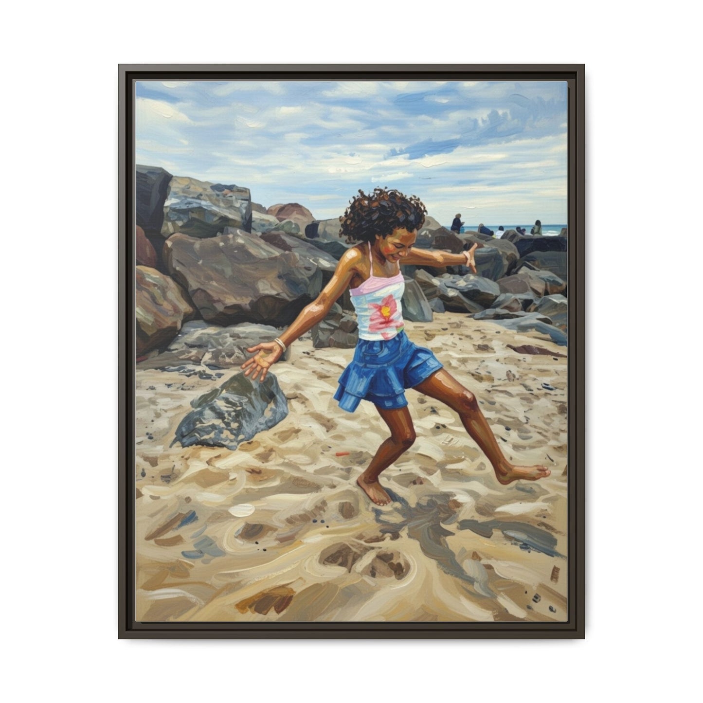 Framed Canvas Art - Girl Dancing on the Beach (Matte Multi-Color)