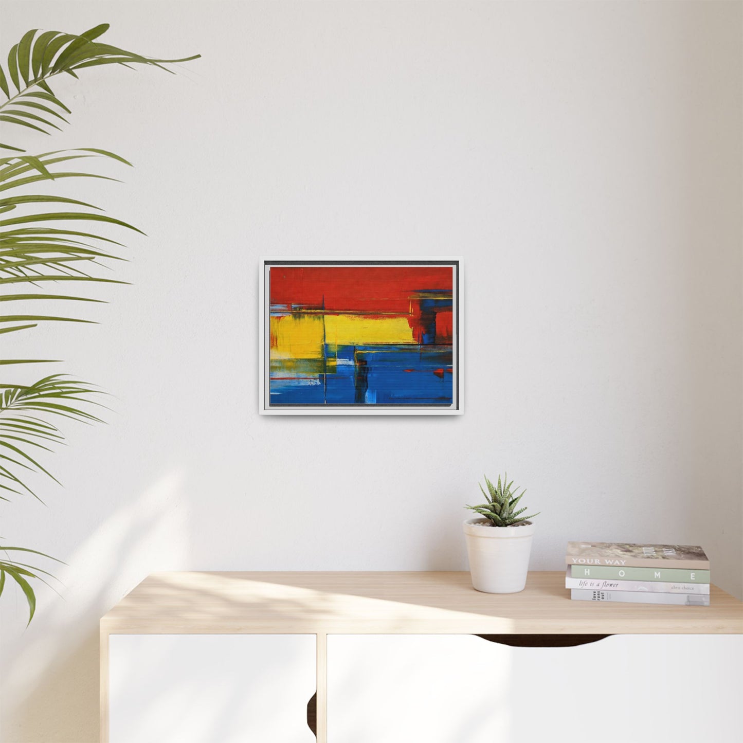 Abstract Color Block Matte Canvas Framed Wall Art — Modern Red Yellow Blue Painting