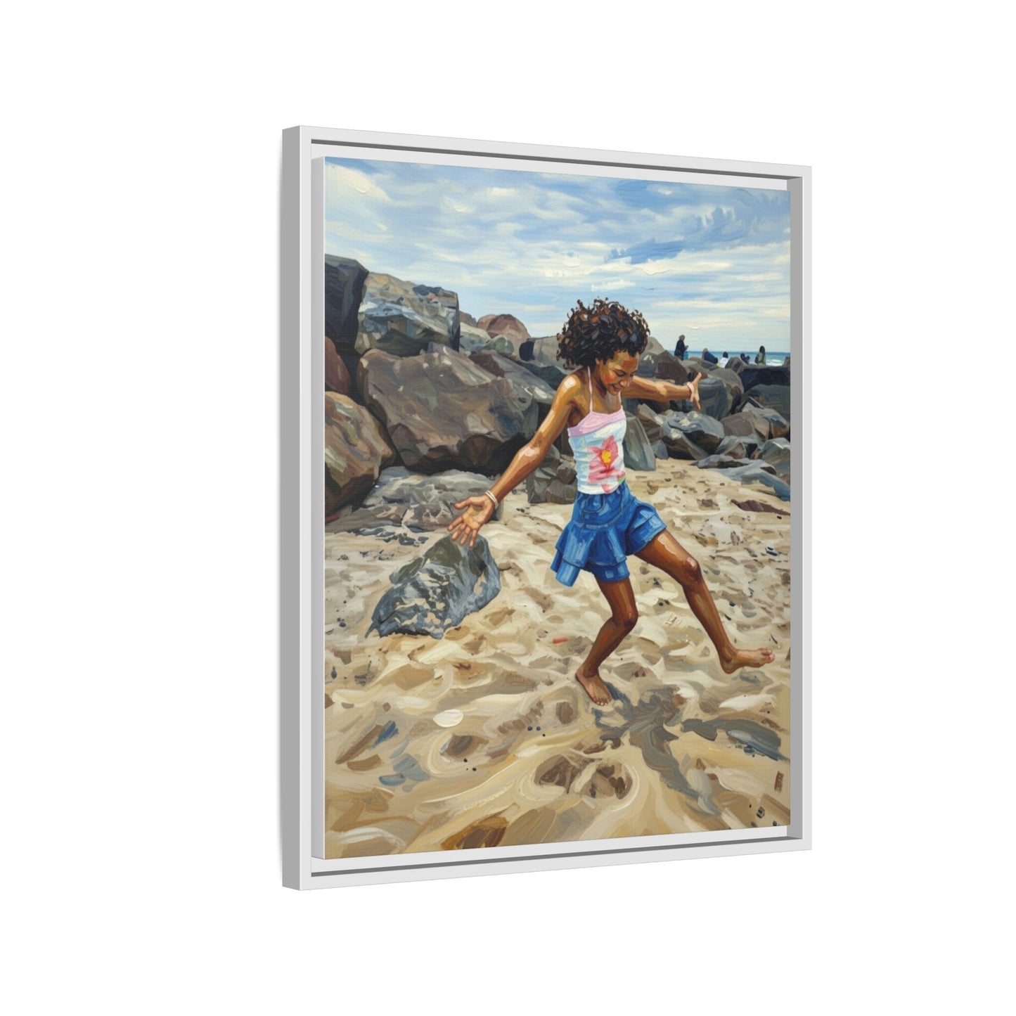 Framed Canvas Art - Girl Dancing on the Beach (Matte Multi-Color)
