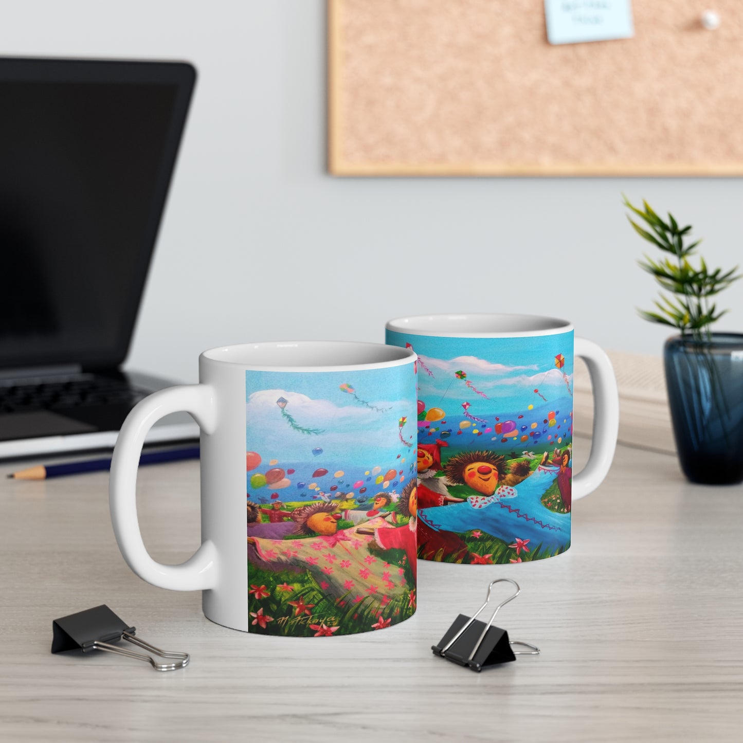 11oz Mug — Colorful Folk Art Kids Playing with Kites & Balloons Ceramic Coffee Cup