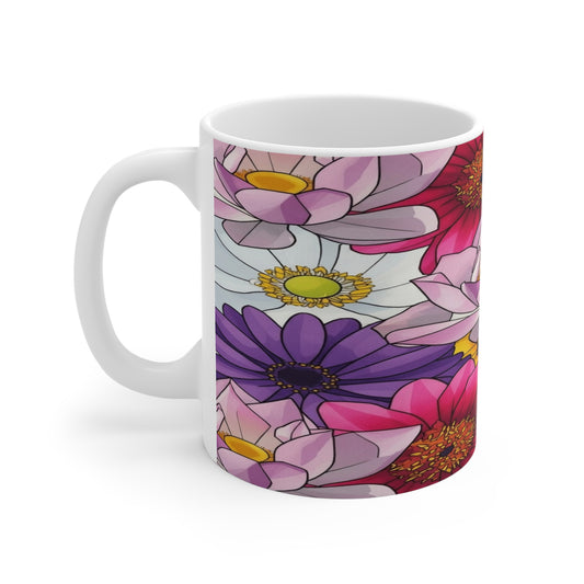 Floral Daisy Bouquet Mug — Colorful Pink & Purple Garden Coffee Cup