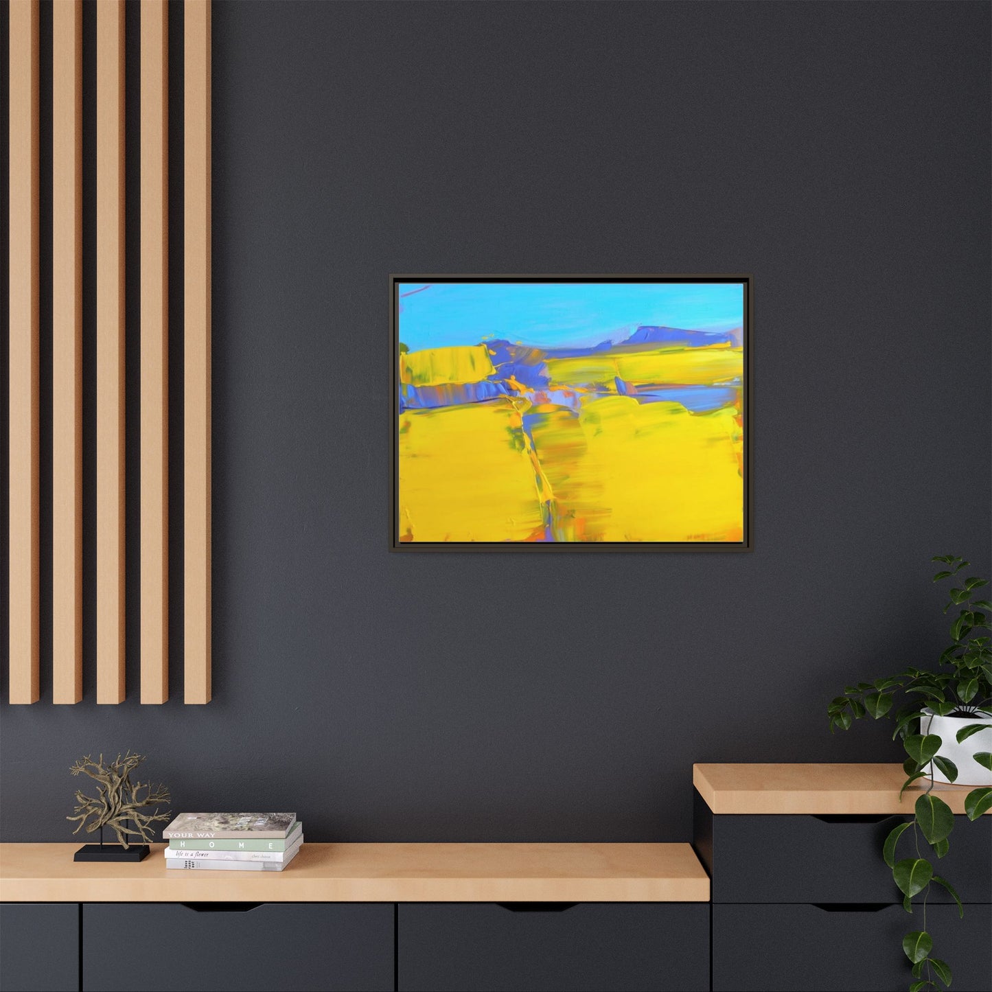 Framed Matte Canvas  Vibrant Yellow Blue Abstract Landscape Art