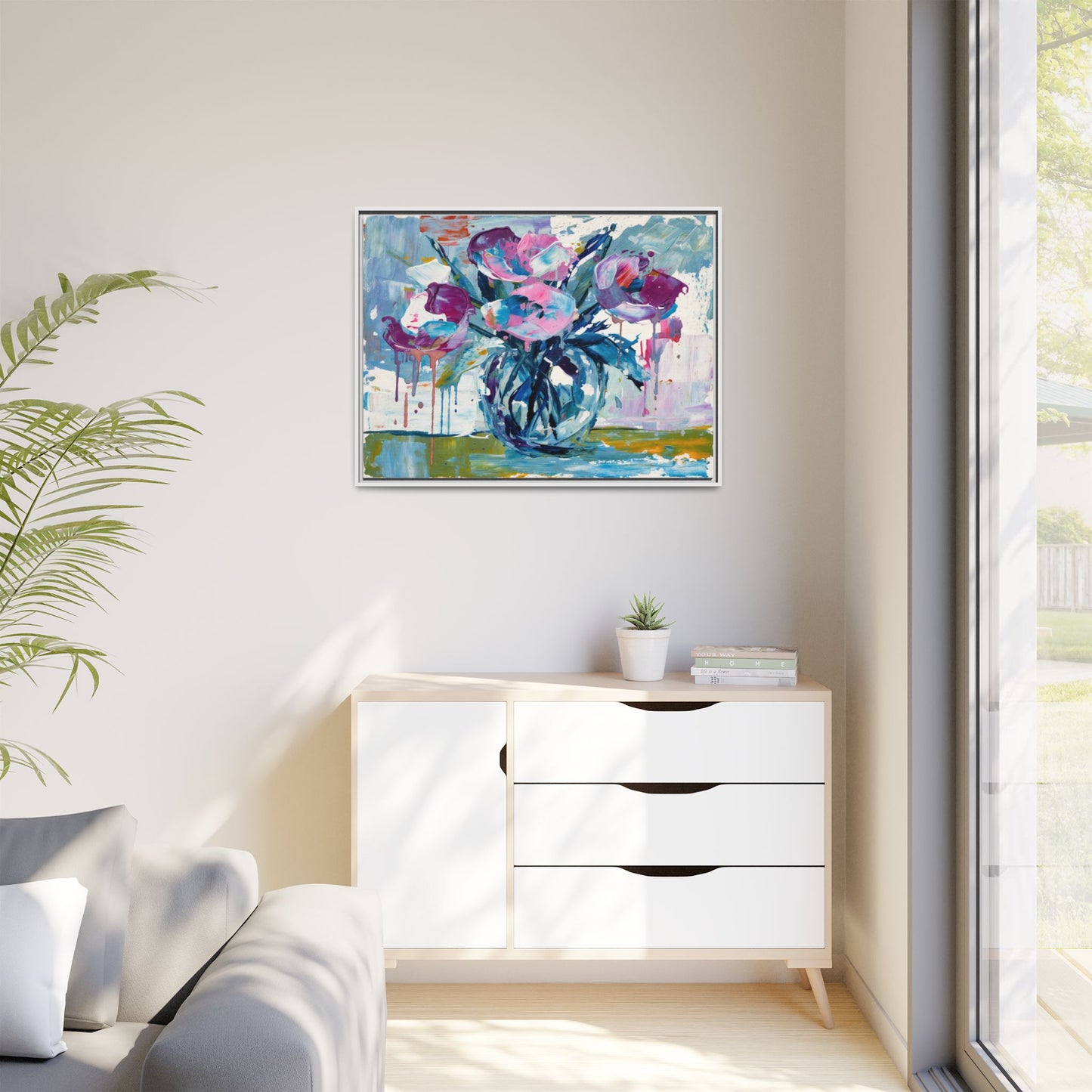 Framed Floral Canvas Art — Abstract Pink & Blue Bouquet