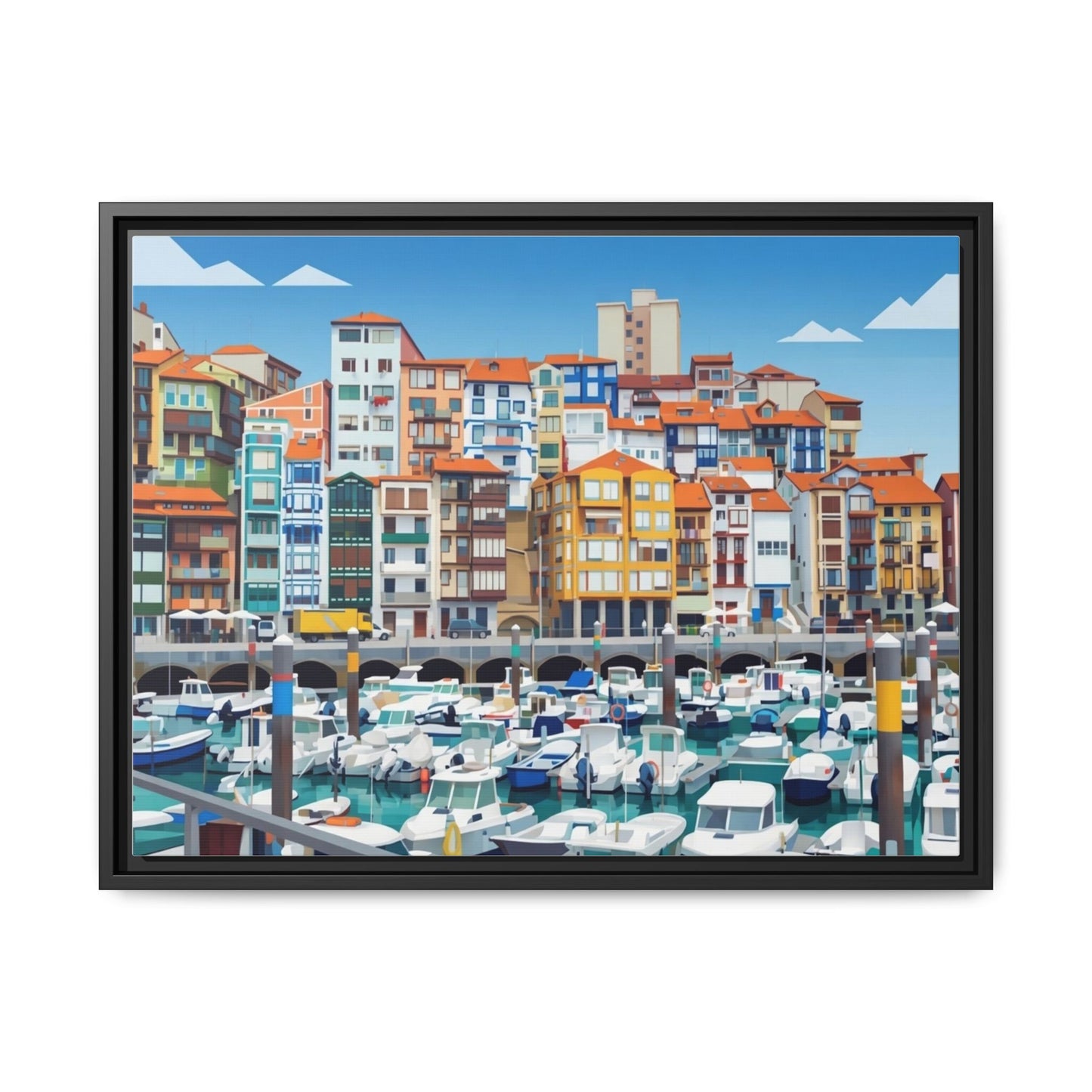 Framed Matte Canvas Print — Colorful Mediterranean Harbor Illustration