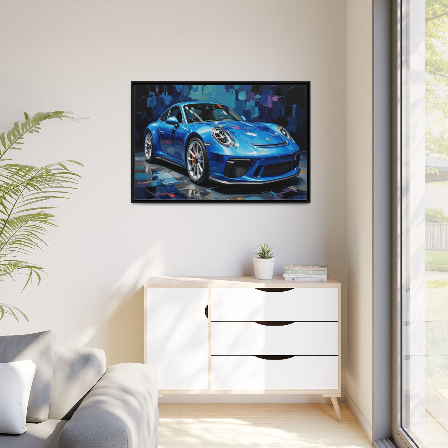 Blue Sports Car Matte Canvas Framed Print — Modern Automotive Wall Art
