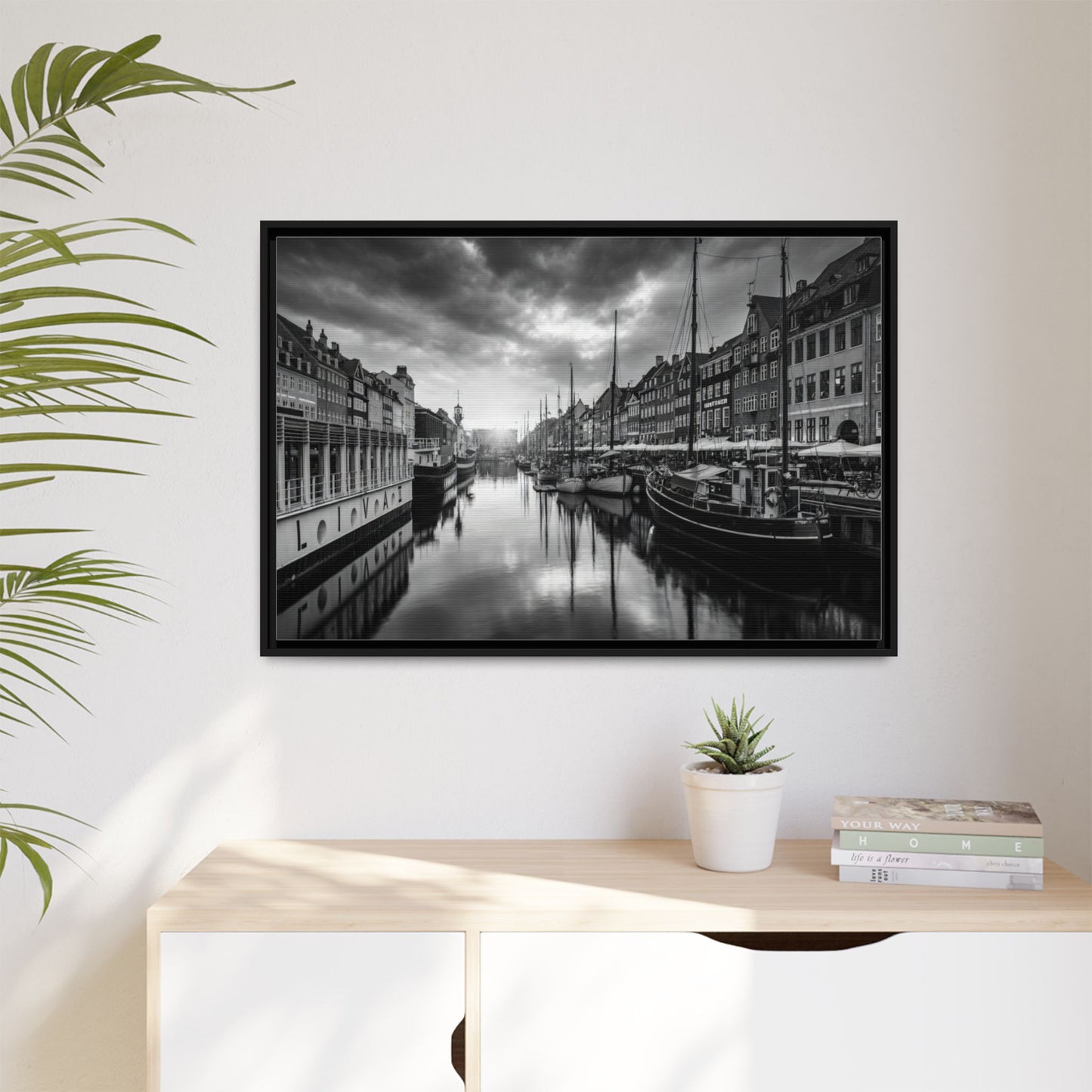 Framed Matte Canvas: Black & White Dutch Canal Photography Wall Art