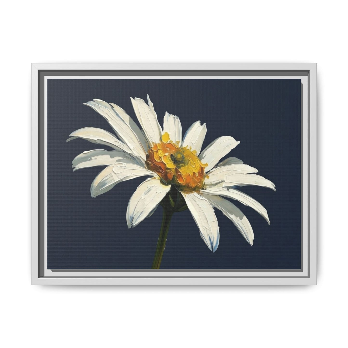 Framed Matte Canvas Daisy Wall Art — White Floral Painting on Navy