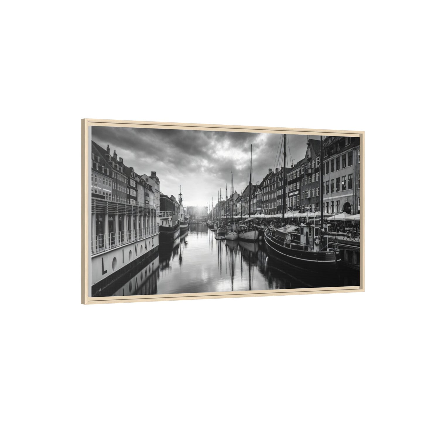 Framed Matte Canvas: Black & White Dutch Canal Photography Wall Art