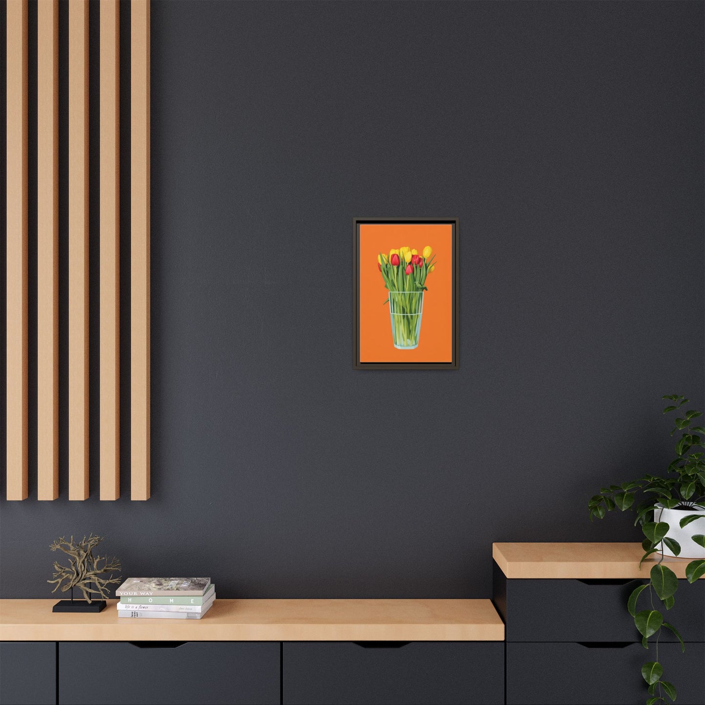 Framed Tulip Canvas Print — Colorful Tulips in Glass Vase