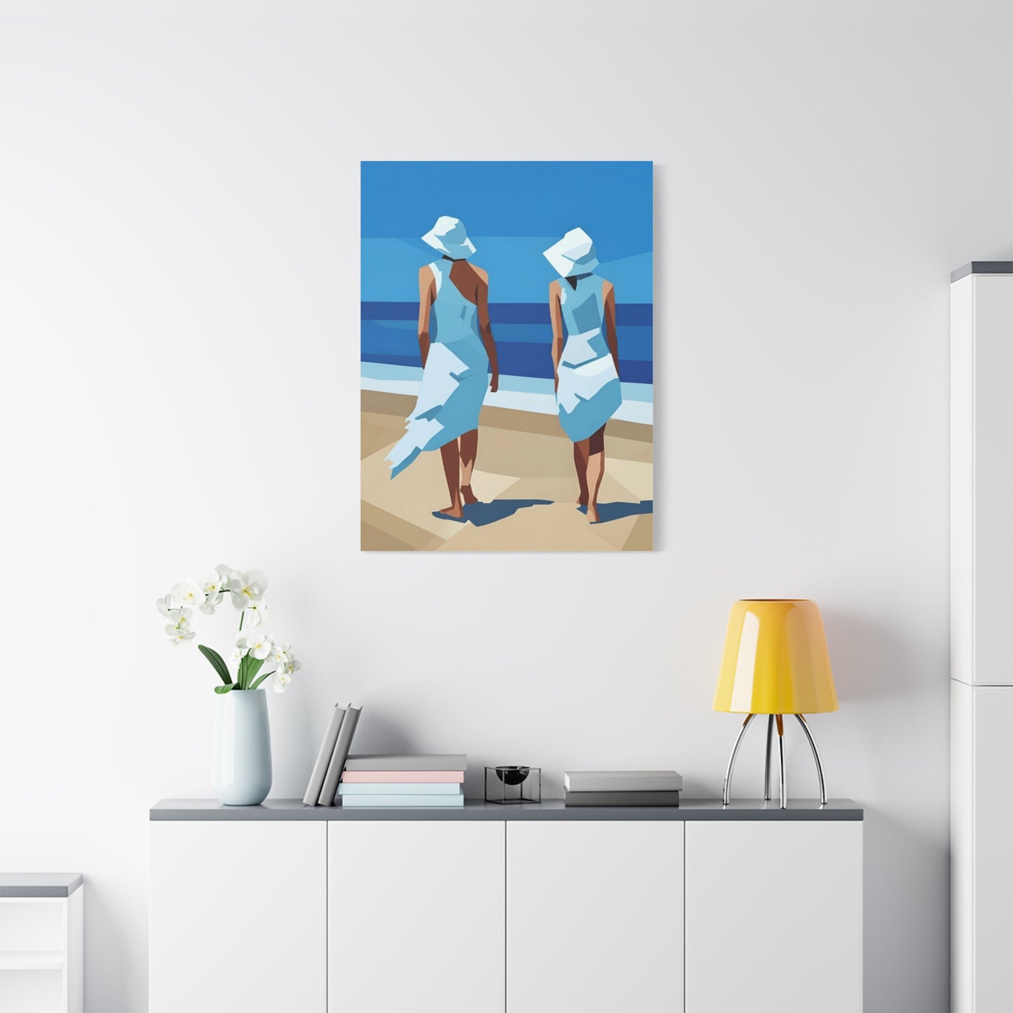 Beach Stroll Canvas Print — Two Women in Blue Sun Hats Matte Stretched