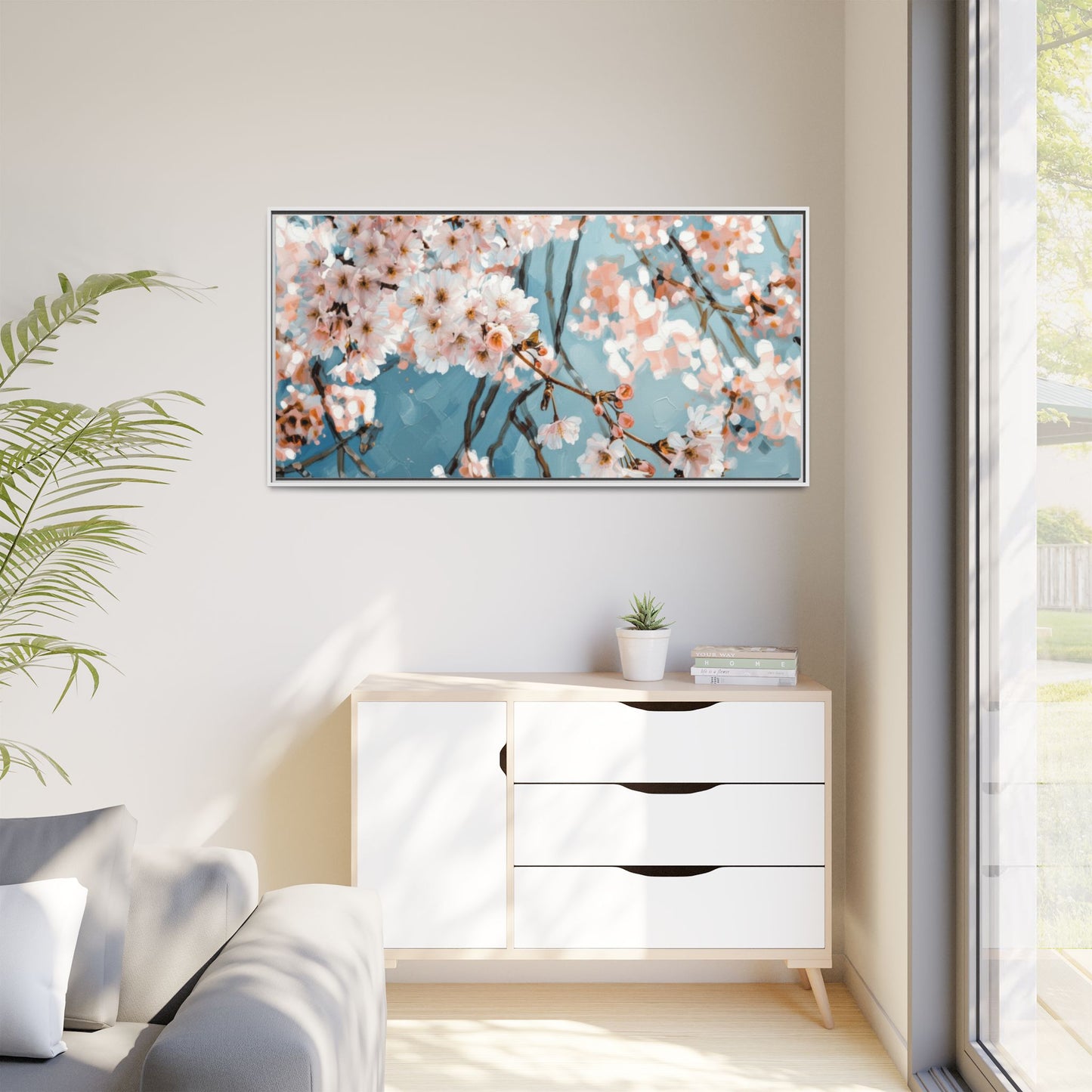 Framed Cherry Blossom Matte Canvas Print — Soft Pink Floral Wall Art