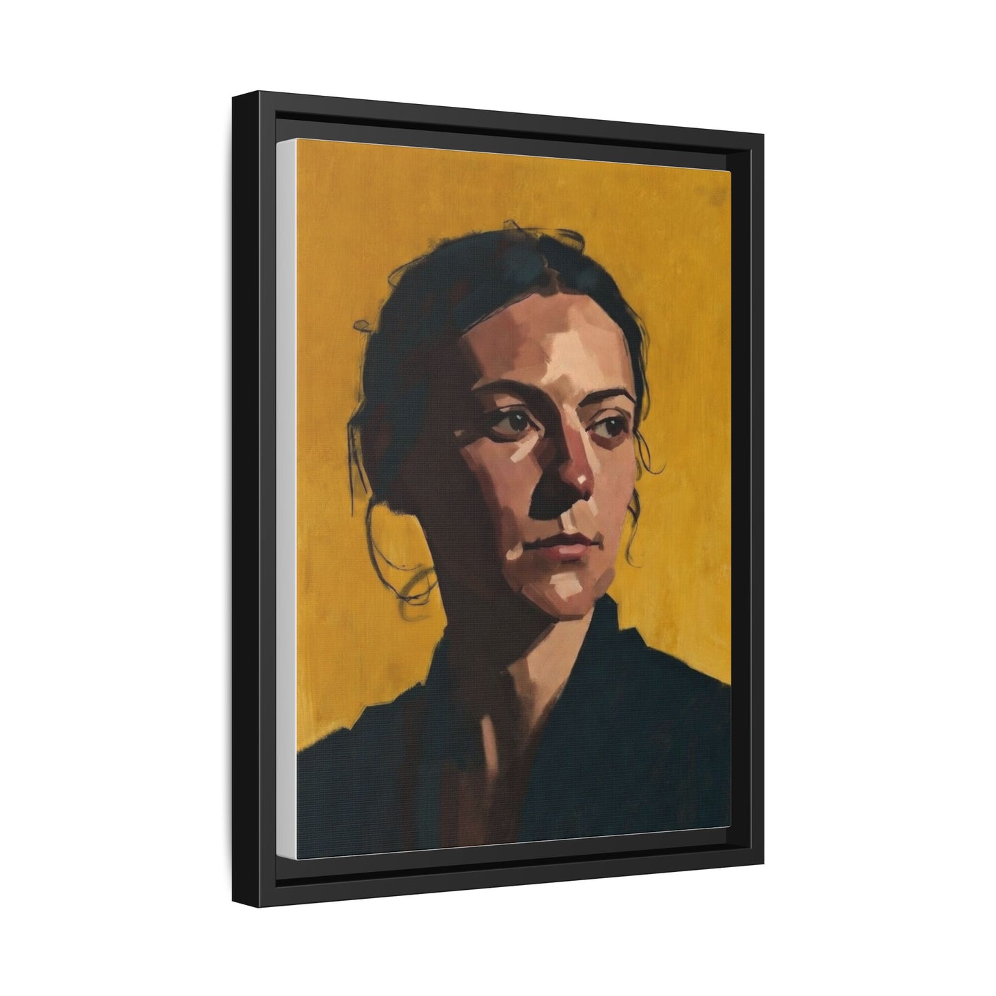 Framed Matte Canvas Portrait Art — Moody Woman on Mustard Background